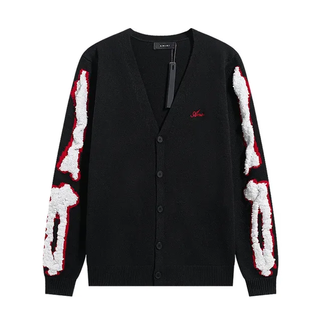 Amiri Bone Appliqué Black Beige V-Neck Button-Front Cardigan 4