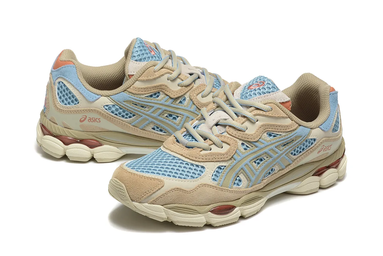 ASICS Bege Azul Multilayers Malha e Camurça Parte superior superposition leve listra de tigre estilo de vida tênis 3