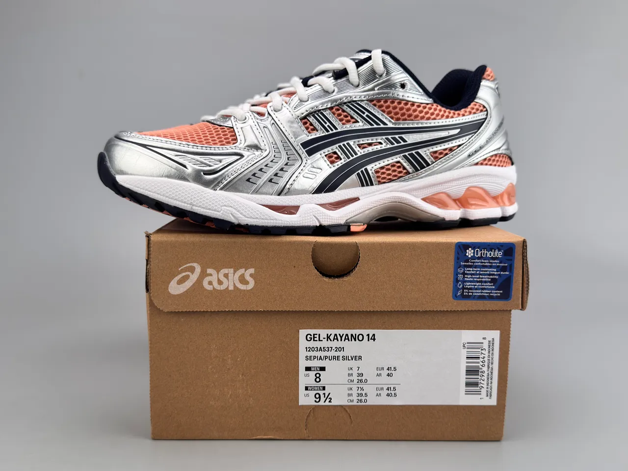 ASICS Gel-Kayano 14 Silver Peach Navy tênis de corrida 4