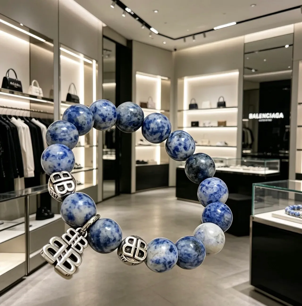 Balenciaga BB Motif Azul Prata Com Miçangas Pedra Mármore Pulseira 4