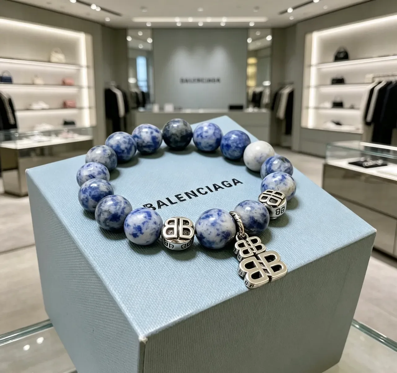 Balenciaga BB Motif Azul Prata Com Miçangas Pedra Mármore Pulseira 5