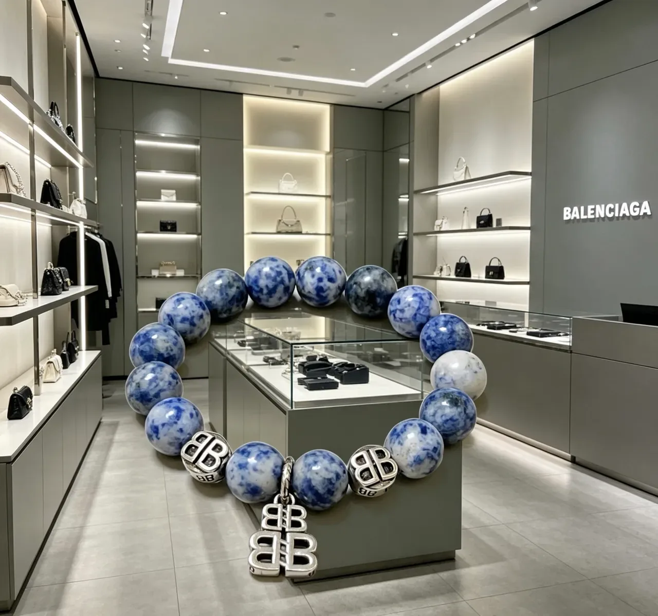 Balenciaga BB Motif Azul Prata Com Miçangas Pedra Mármore Pulseira 6