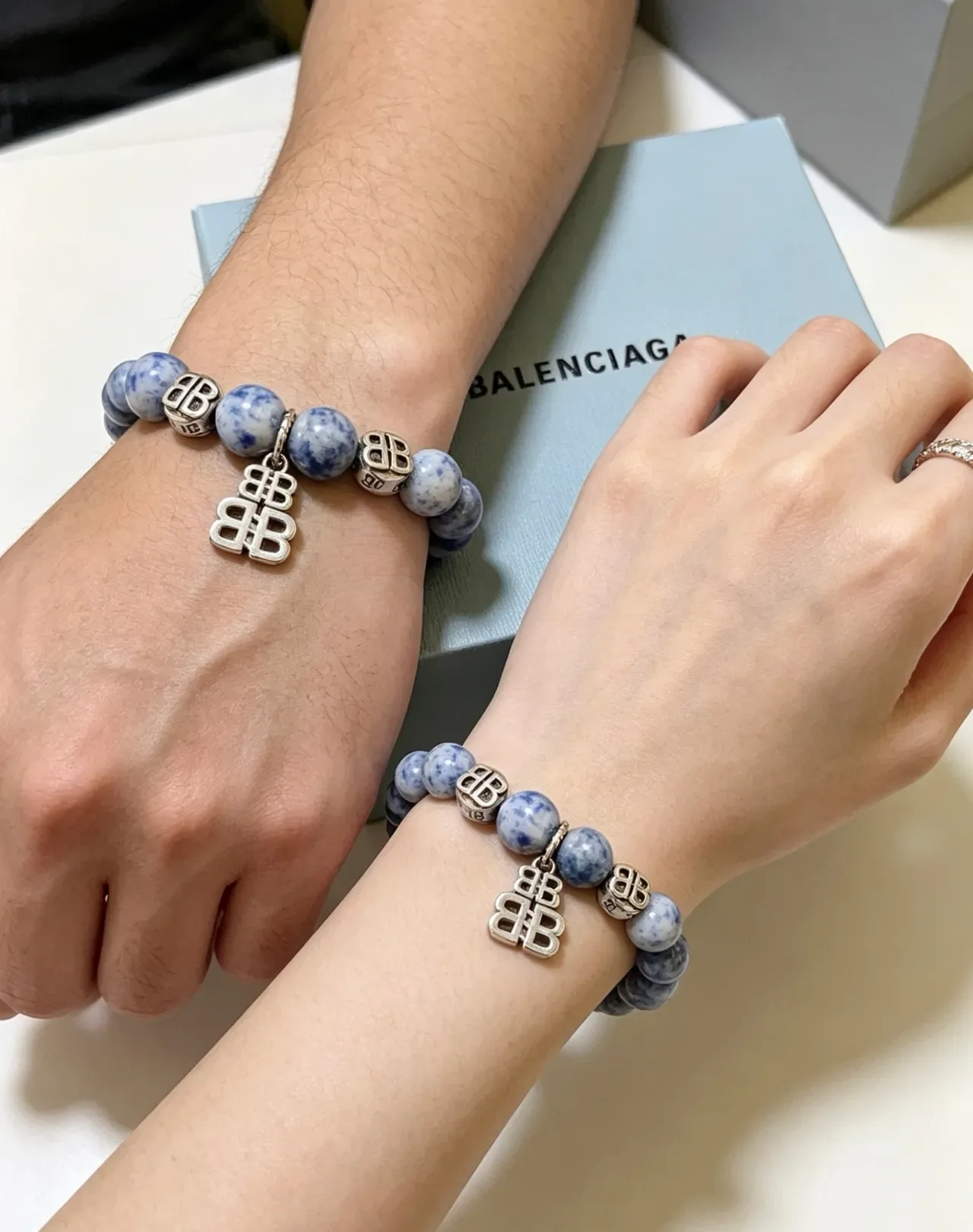 Balenciaga BB Motif Azul Prata Com Miçangas Pedra Mármore Pulseira 7