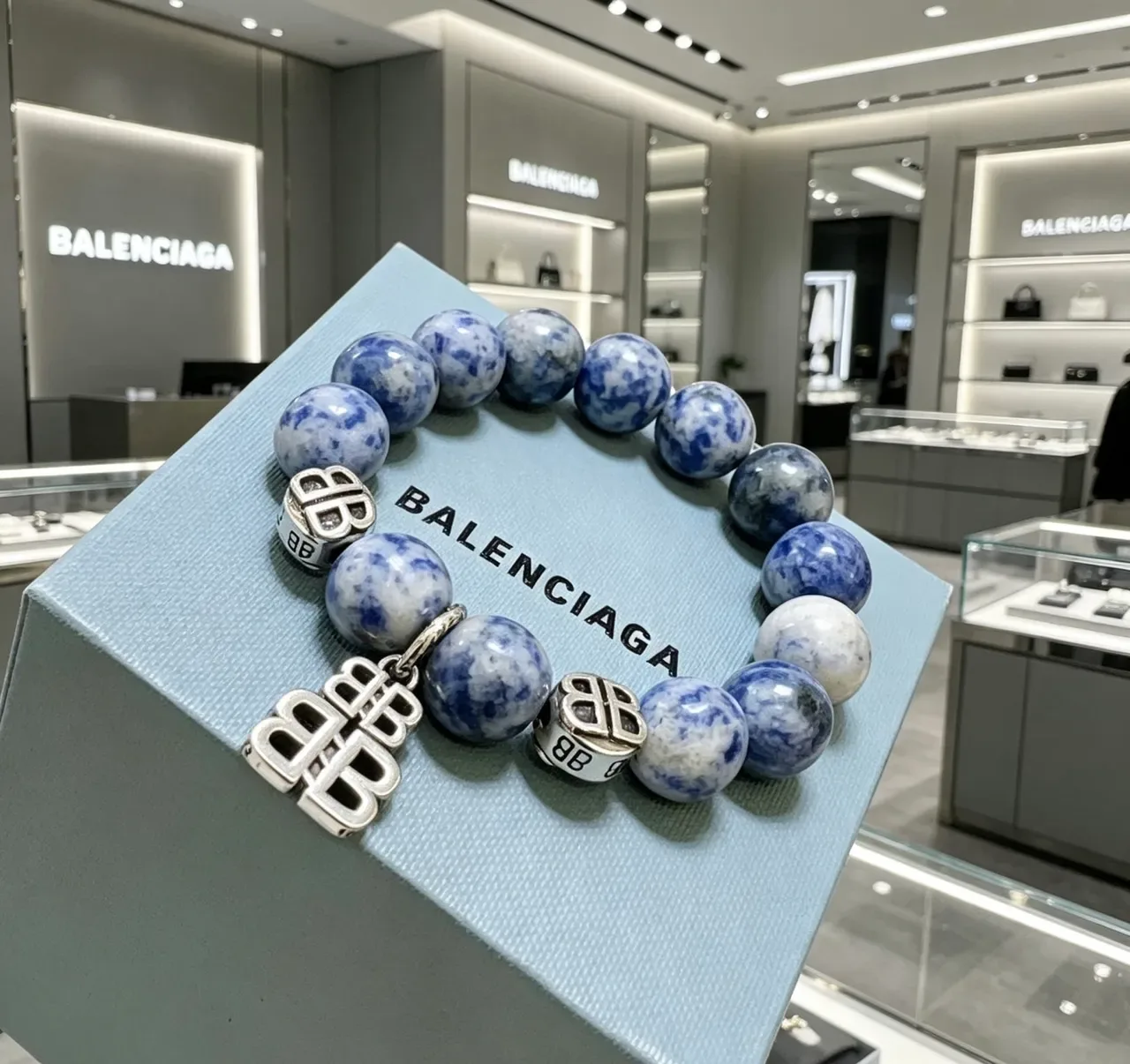Balenciaga BB Motif Azul Prata Com Miçangas Pedra Mármore Pulseira 8