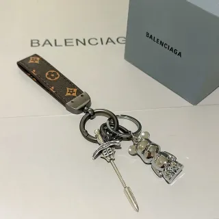 Balenciaga Bear Keychain Brown Silver Monogrammed Leather Strap Polished Metal Charm Phone Case