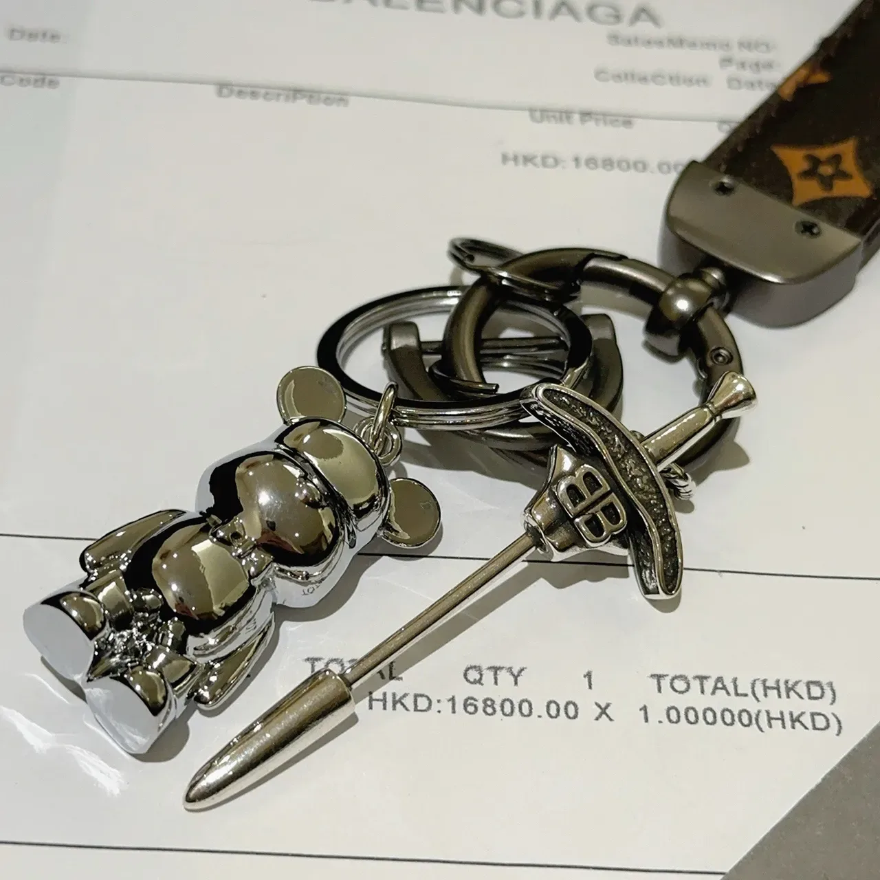 Balenciaga Bear Keychain Brown Silver Monogrammed Leather Strap Polished Metal Charm Phone Case 2