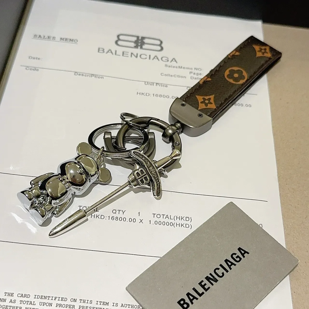 Balenciaga Bear Keychain Brown Silver Monogrammed Leather Strap Polished Metal Charm Phone Case 5