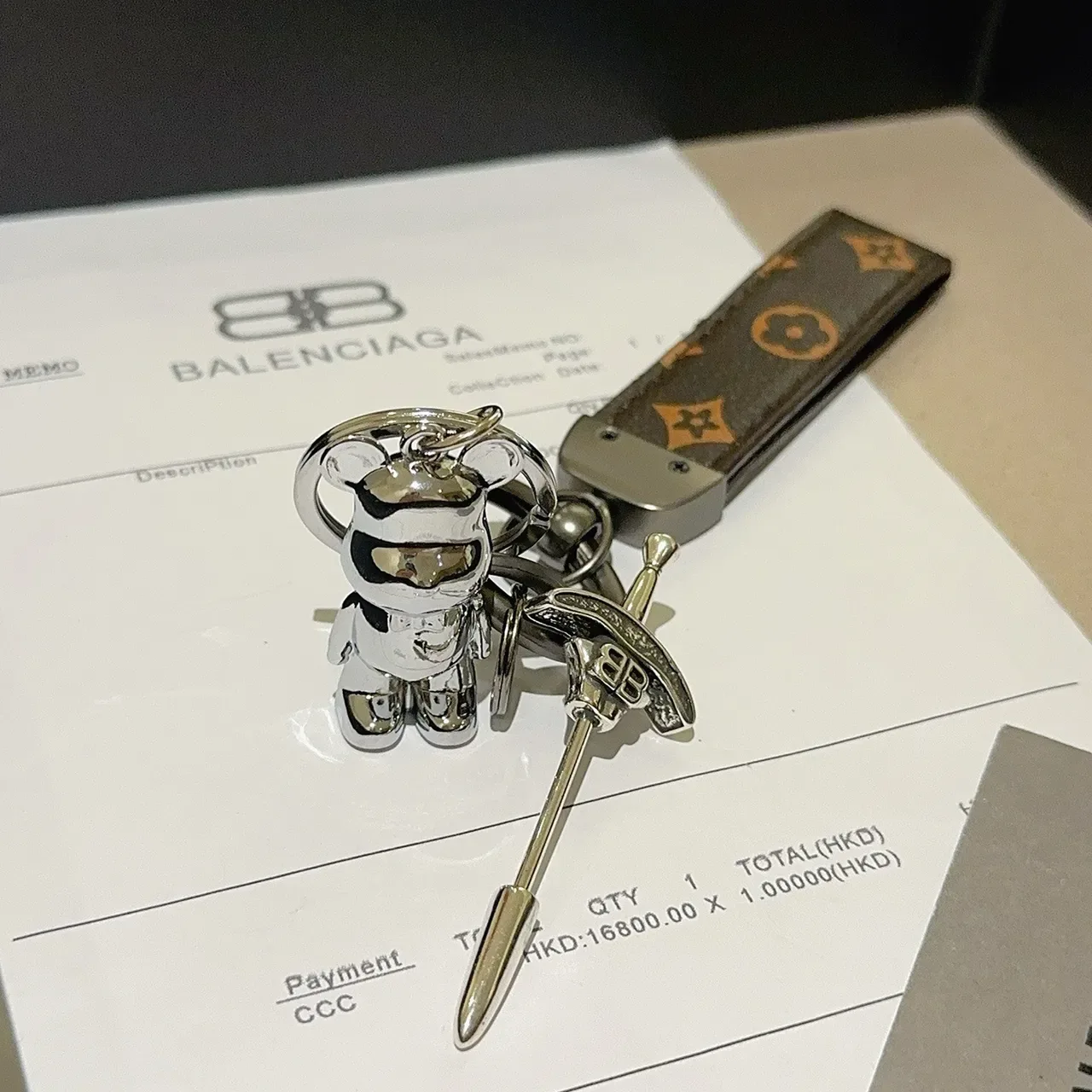 Balenciaga Bear Keychain Brown Silver Monogrammed Leather Strap Polished Metal Charm Phone Case 6