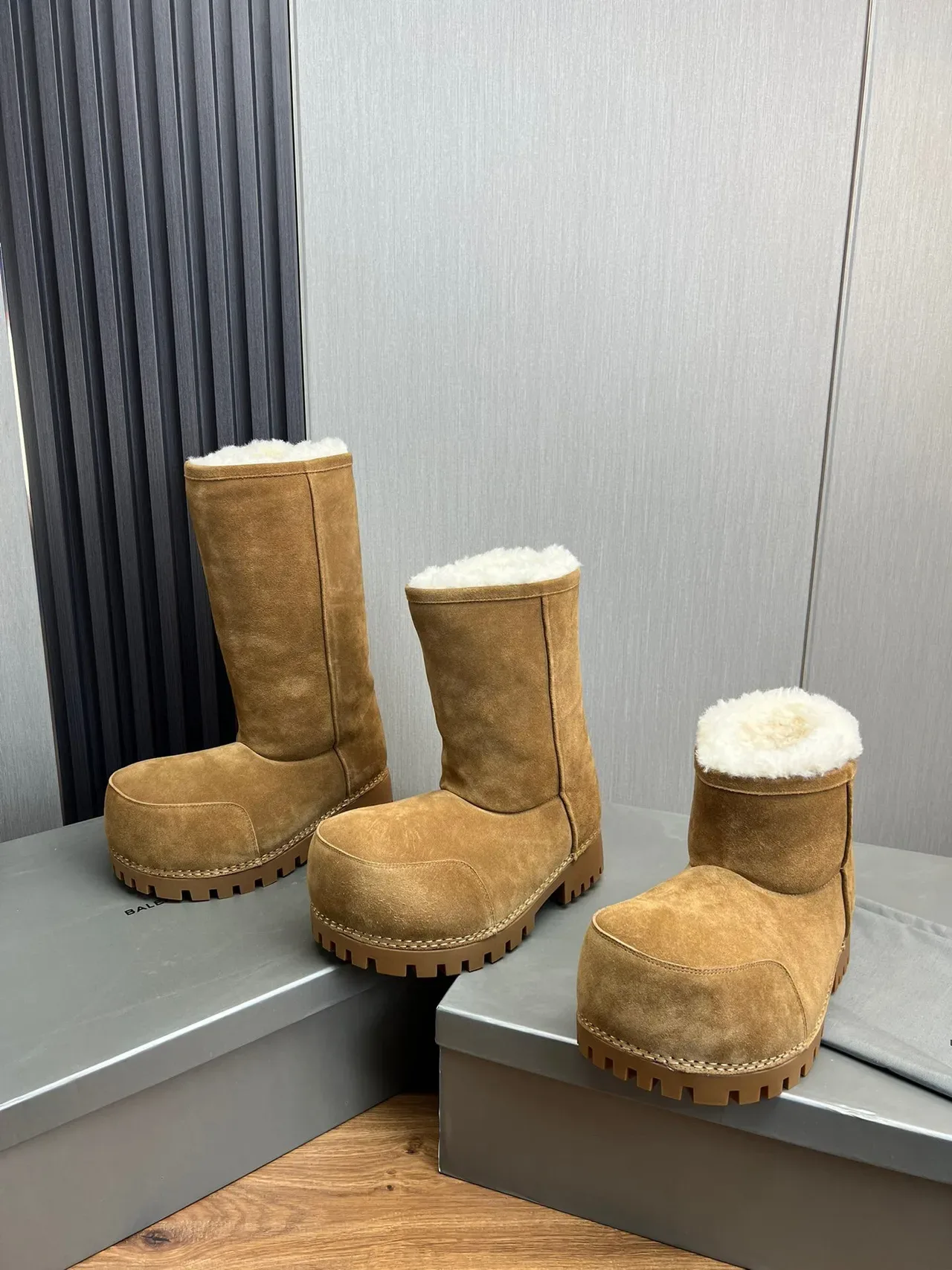 Balenciaga Defender Brown Beige Suede Shearling-Lined Knee Boots 2