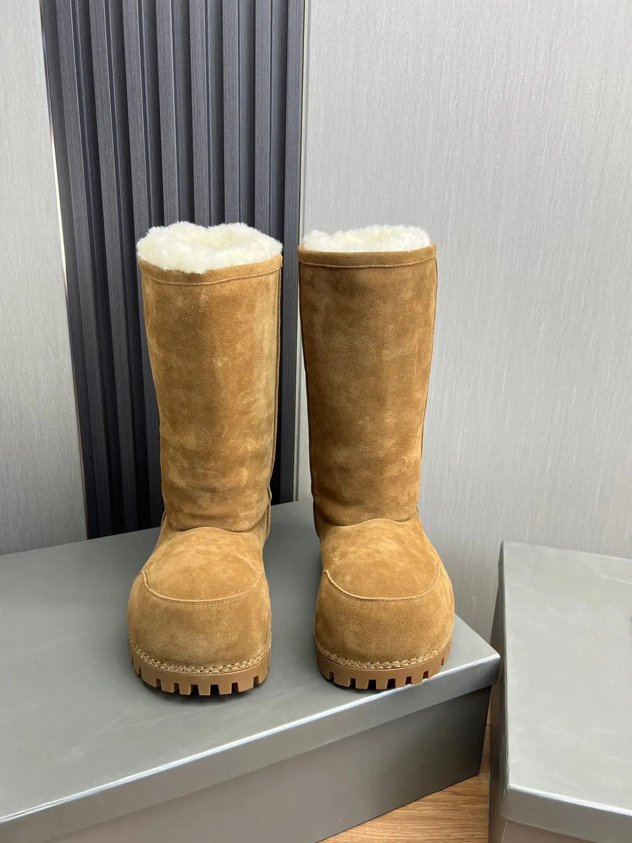 Balenciaga Defender Brown Beige Suede Shearling-Lined Knee Boots 3