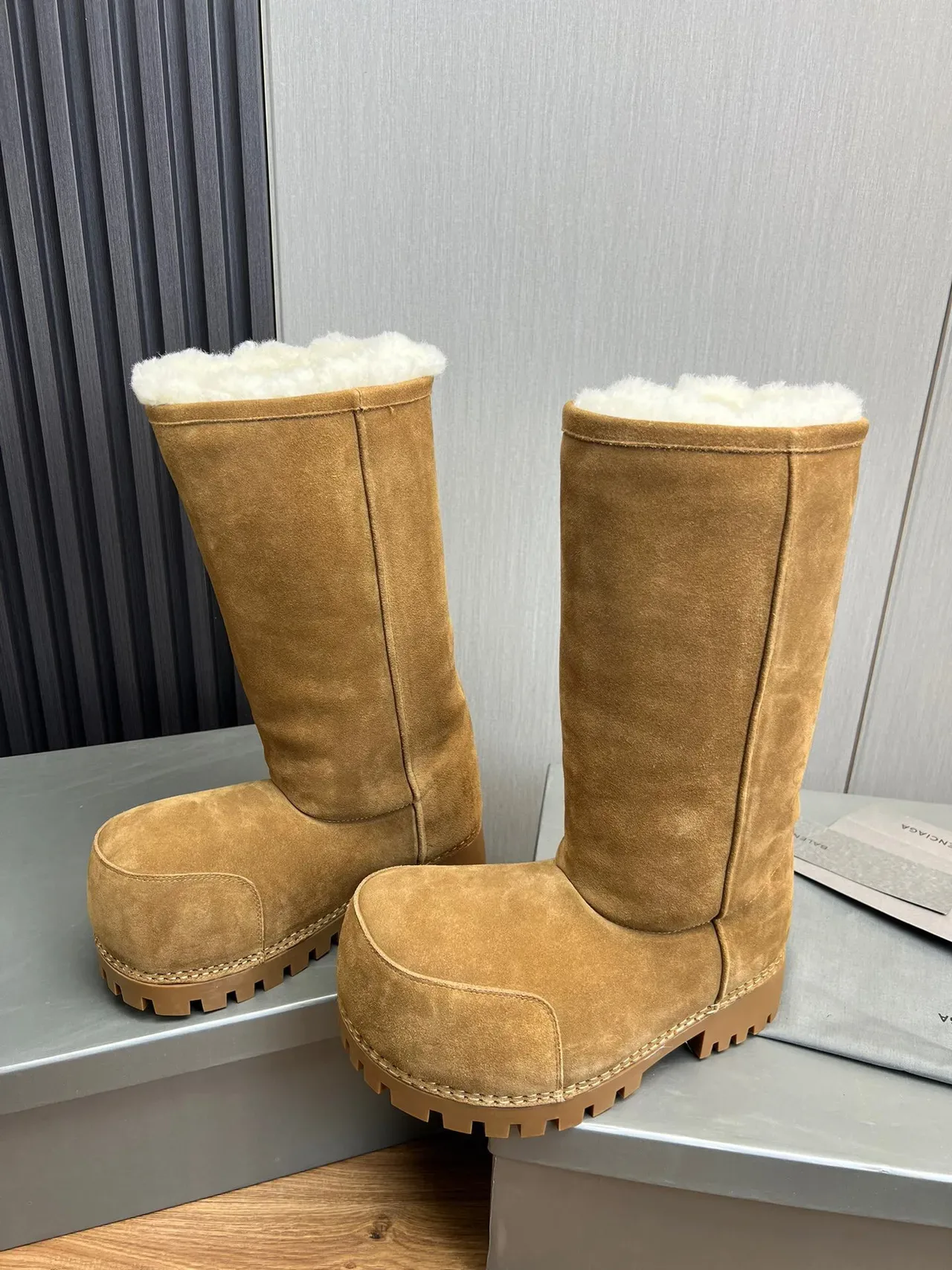 Balenciaga Defender Brown Beige Suede Shearling-Lined Knee Boots 4