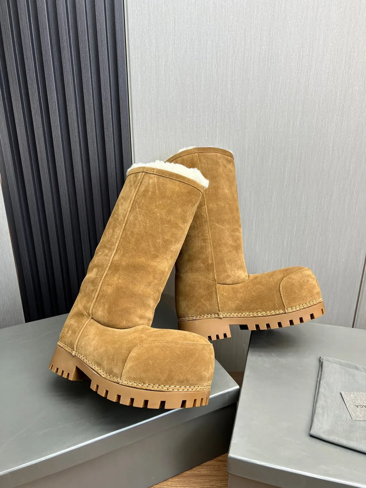 Balenciaga Defender Brown Beige Suede Shearling-Lined Knee Boots 5