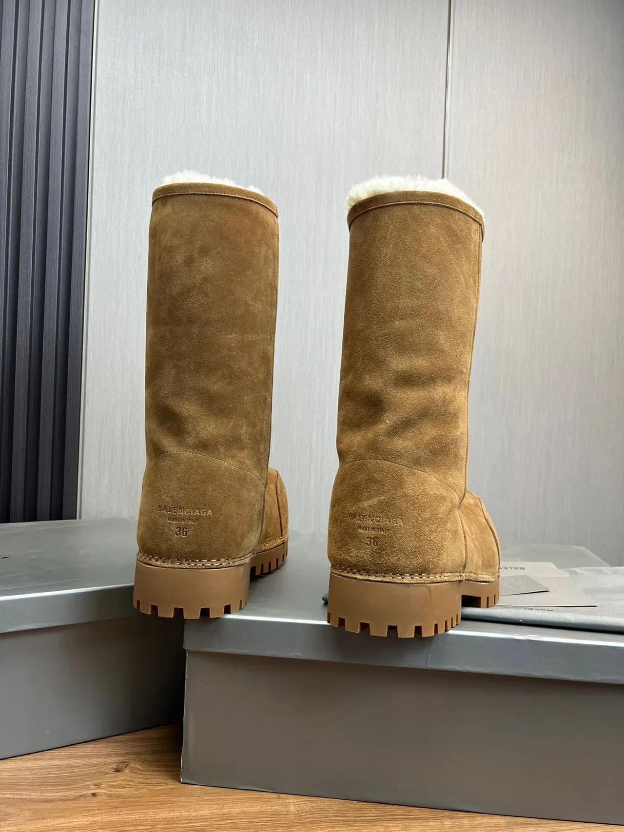 Balenciaga Defender Brown Beige Suede Shearling-Lined Knee Boots 6