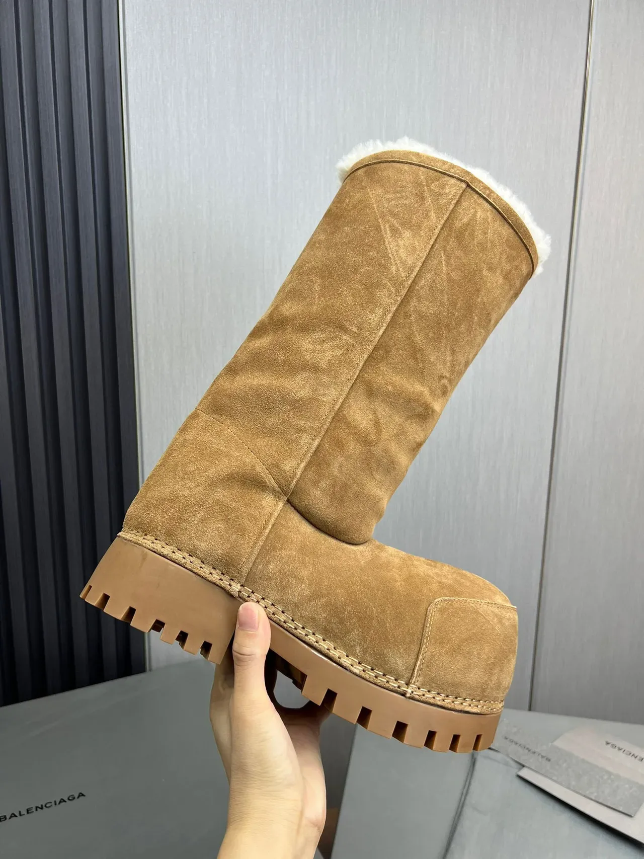 Balenciaga Defender Brown Beige Suede Shearling-Lined Knee Boots 7