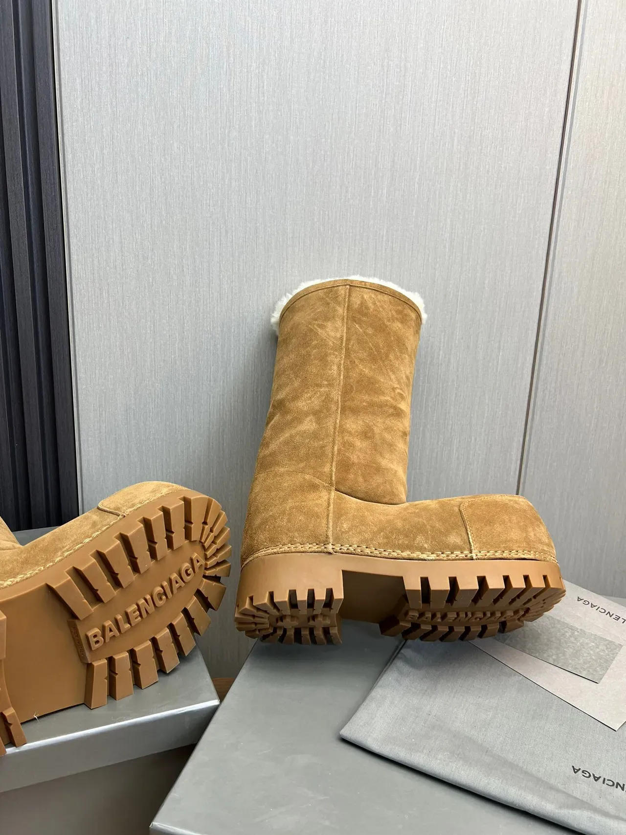 Balenciaga Defender Brown Beige Suede Shearling-Lined Knee Boots 8