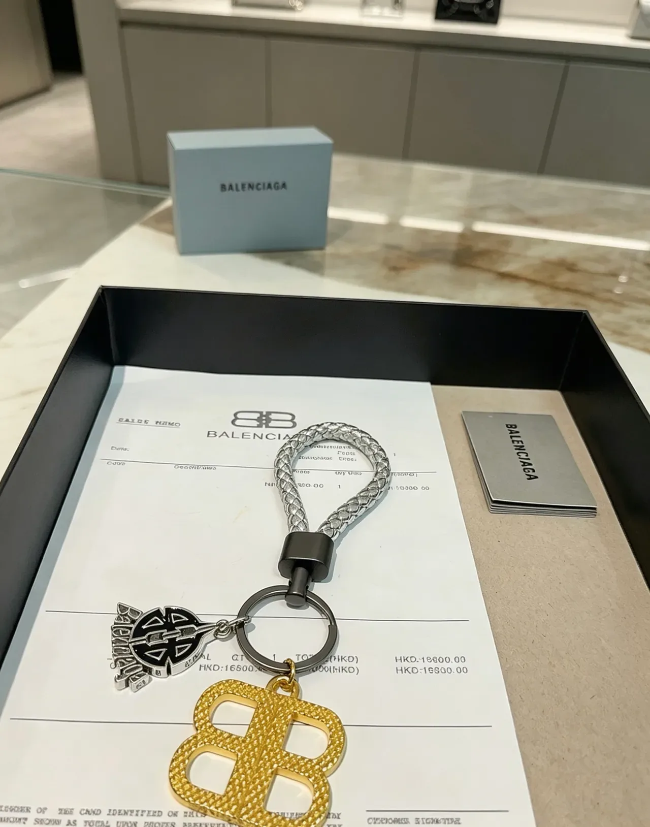 Balenciaga Gold Silver Braided Leather Strap Double-B Monogram Charm Jewelry 2