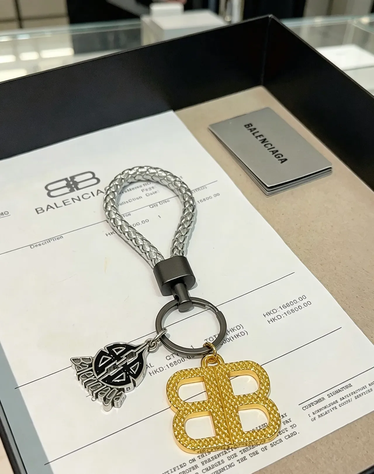 Balenciaga Gold Silver Braided Leather Strap Double-B Monogram Charm Jewelry 4