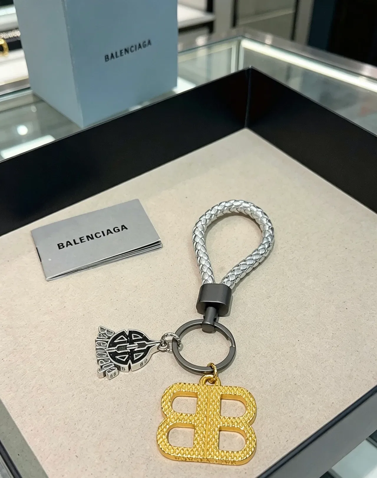 Balenciaga Gold Silver Braided Leather Strap Double-B Monogram Charm Jewelry 5