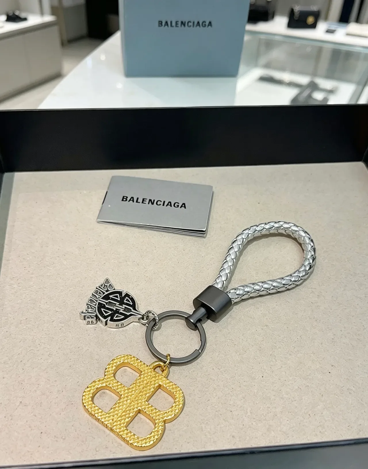 Balenciaga Gold Silver Braided Leather Strap Double-B Monogram Charm Jewelry 6