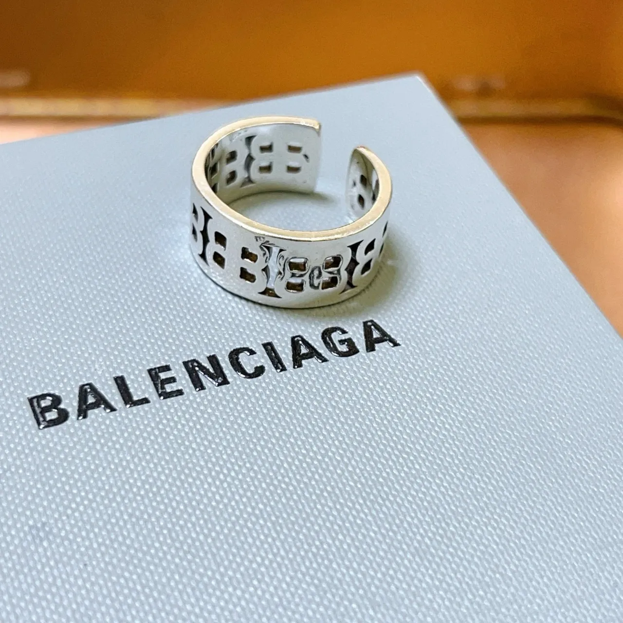 Balenciaga Monogram Cut-Out Silver Adjustable Ring 8