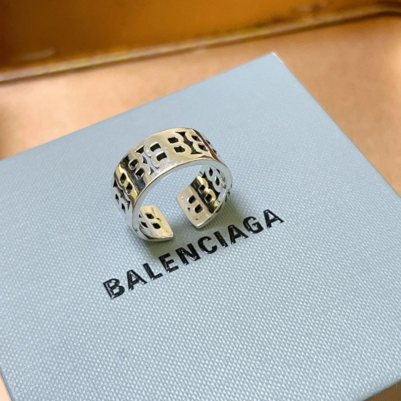 Balenciaga Monogram Cut-Out Silver Adjustable Ring 9