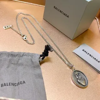 Balenciaga Sacred Heart Pendant Silver Black Curb Chain Oval Engraved Necklace