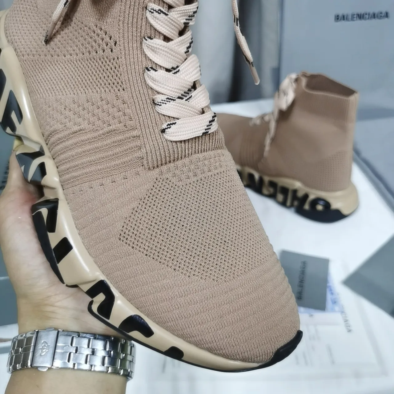 Balenciaga Speed Trainer Beige Tênis Chunky de Meia Tricô 4