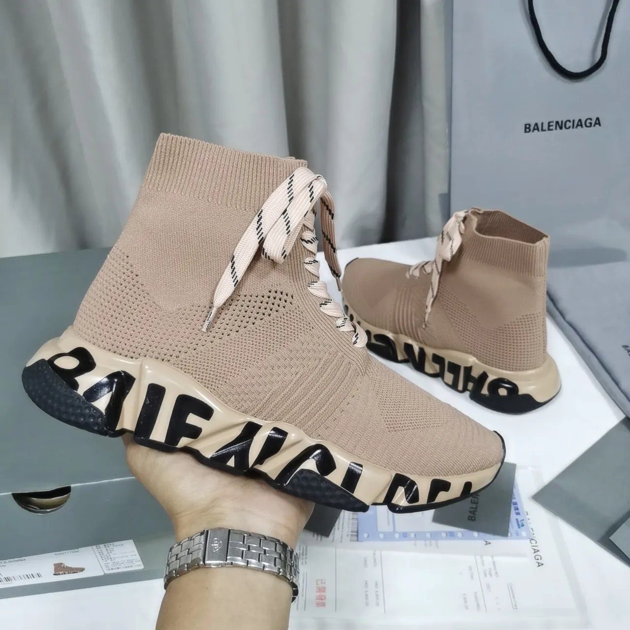Balenciaga Speed Trainer Beige Tênis Chunky de Meia Tricô 5
