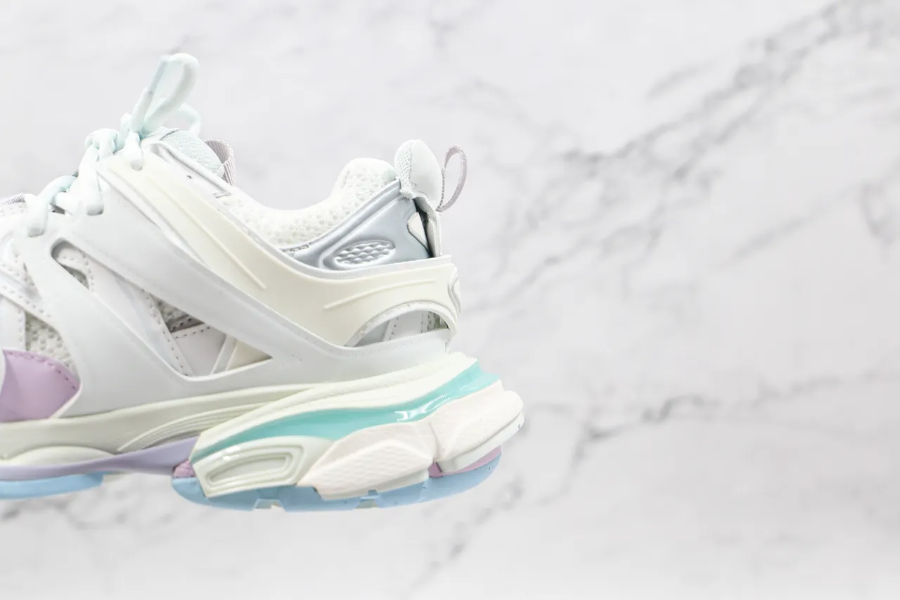 Balenciaga Branco Roxo Oversized Runner Silhouette Multi-camada Sintético Jaula Tênis chunky 3