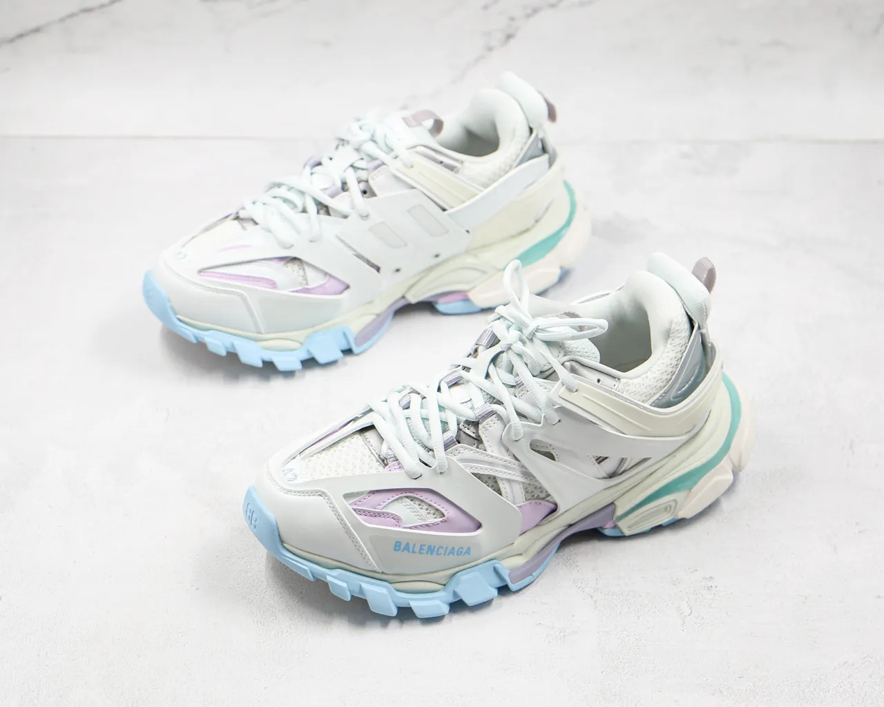 Balenciaga Branco Roxo Oversized Runner Silhouette Multi-camada Sintético Jaula Tênis chunky 7