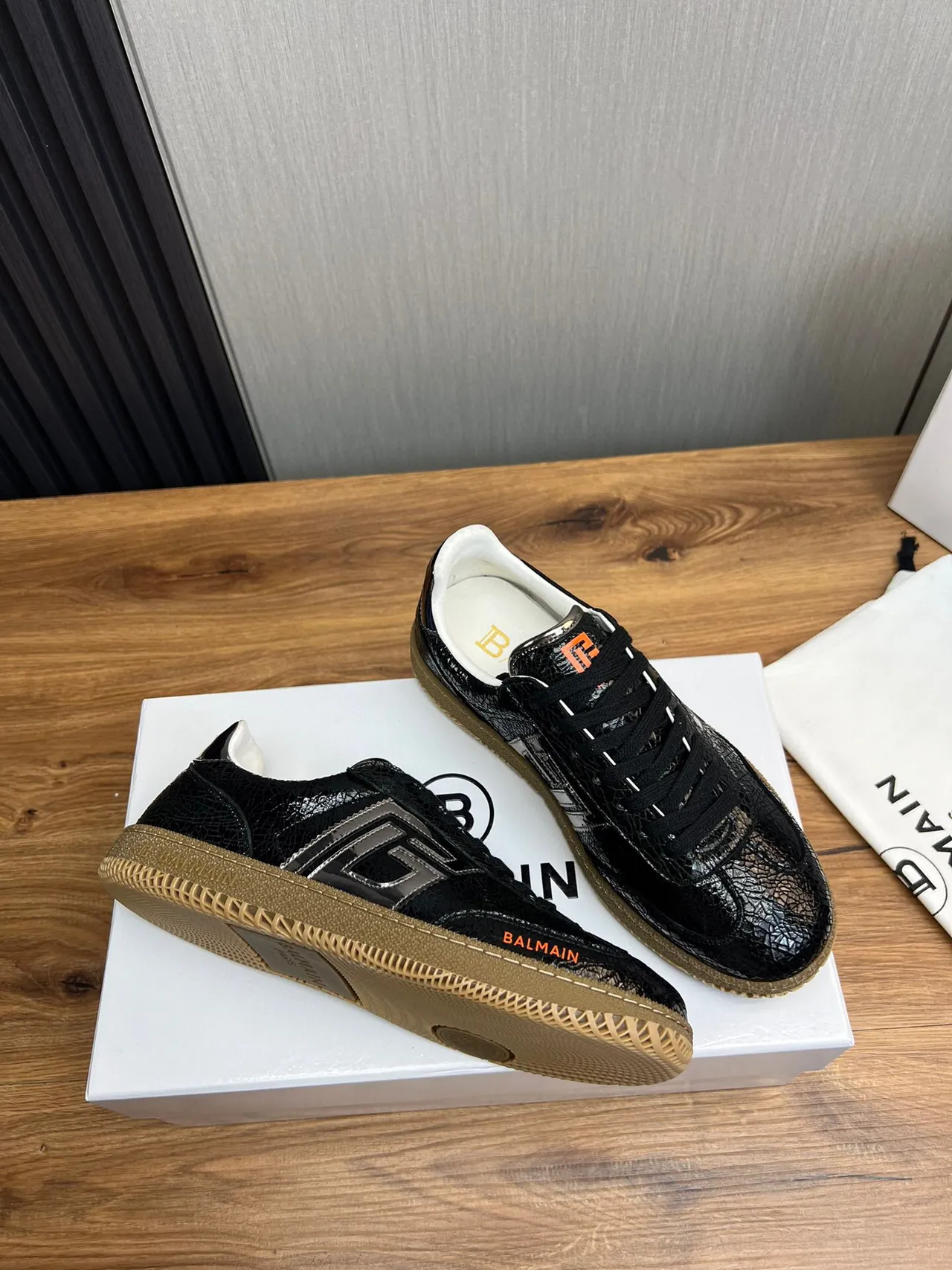 Balmain B-Court Black Cracked Leather Orange Logo Lifestyle Sneakers 4