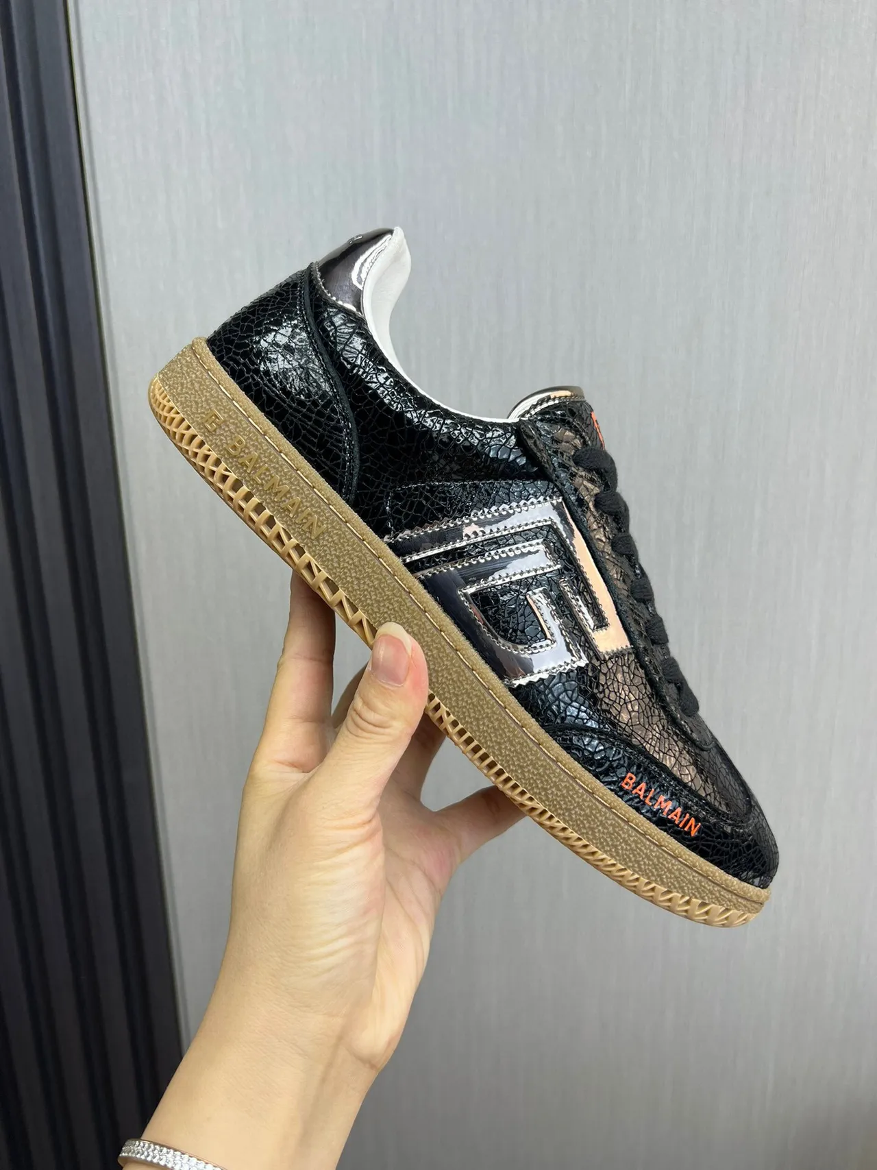 Balmain B-Court Black Cracked Leather Orange Logo Lifestyle Sneakers 5