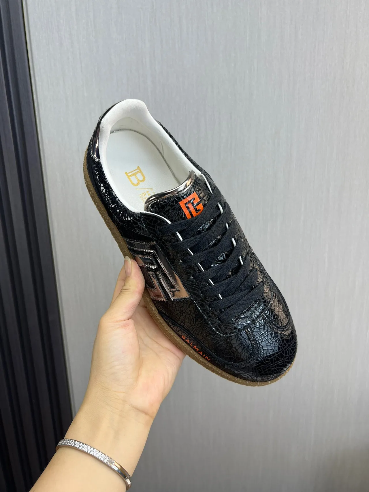 Balmain B-Court Black Cracked Leather Orange Logo Lifestyle Sneakers 6