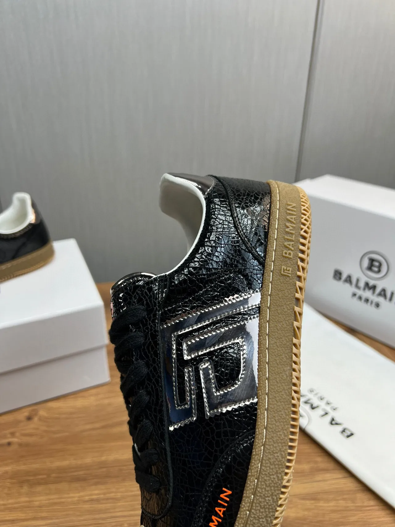 Balmain B-Court Black Cracked Leather Orange Logo Lifestyle Sneakers 7