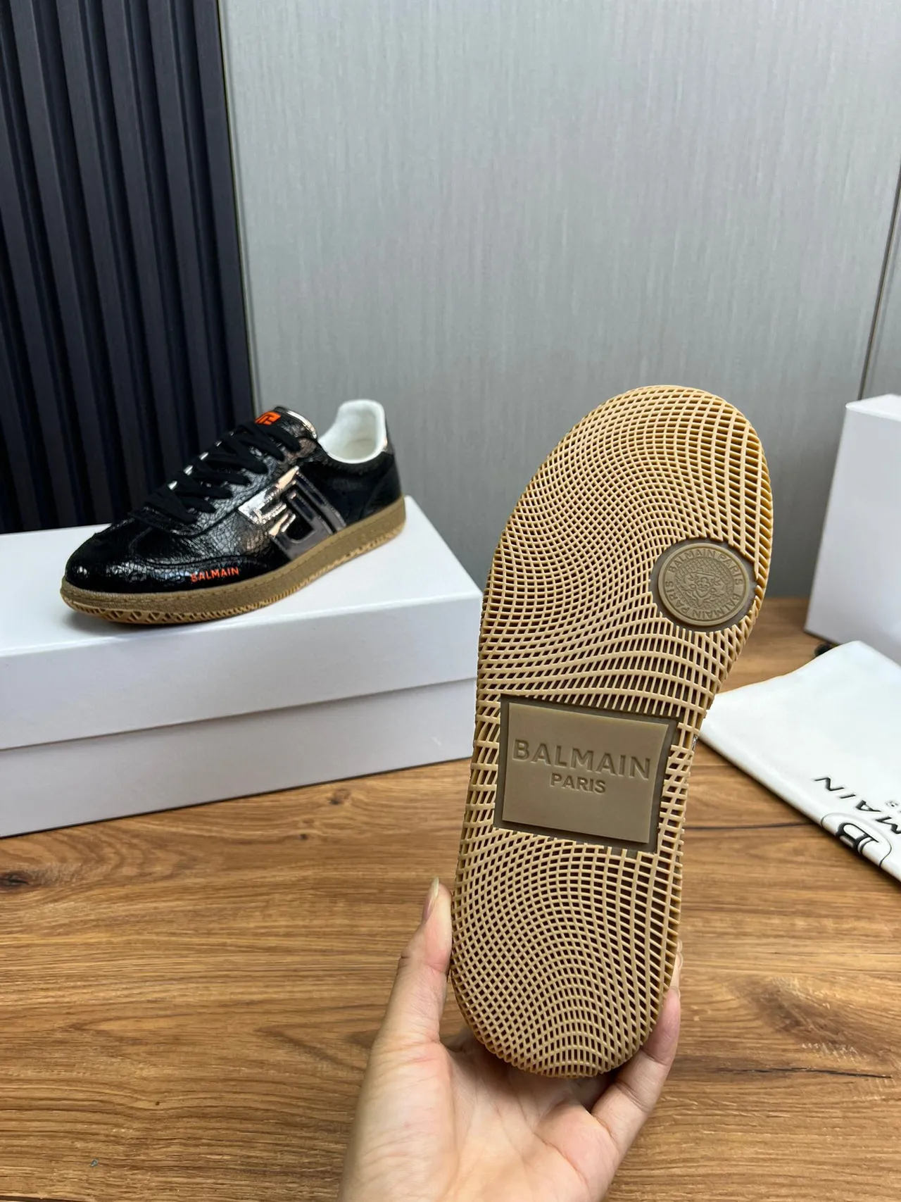 Balmain B-Court Black Cracked Leather Orange Logo Lifestyle Sneakers 9