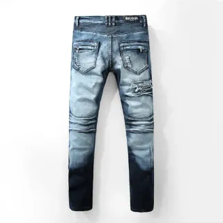 Balmain B-Moto Blue Black Paneling Distressed Detailing Jeans