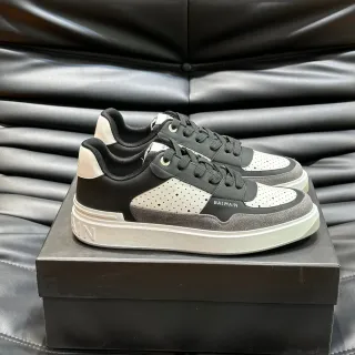Balmain Black Gray Layered Mixed-Material Upper Perforated Leather Panels Lifestyle Sneakers