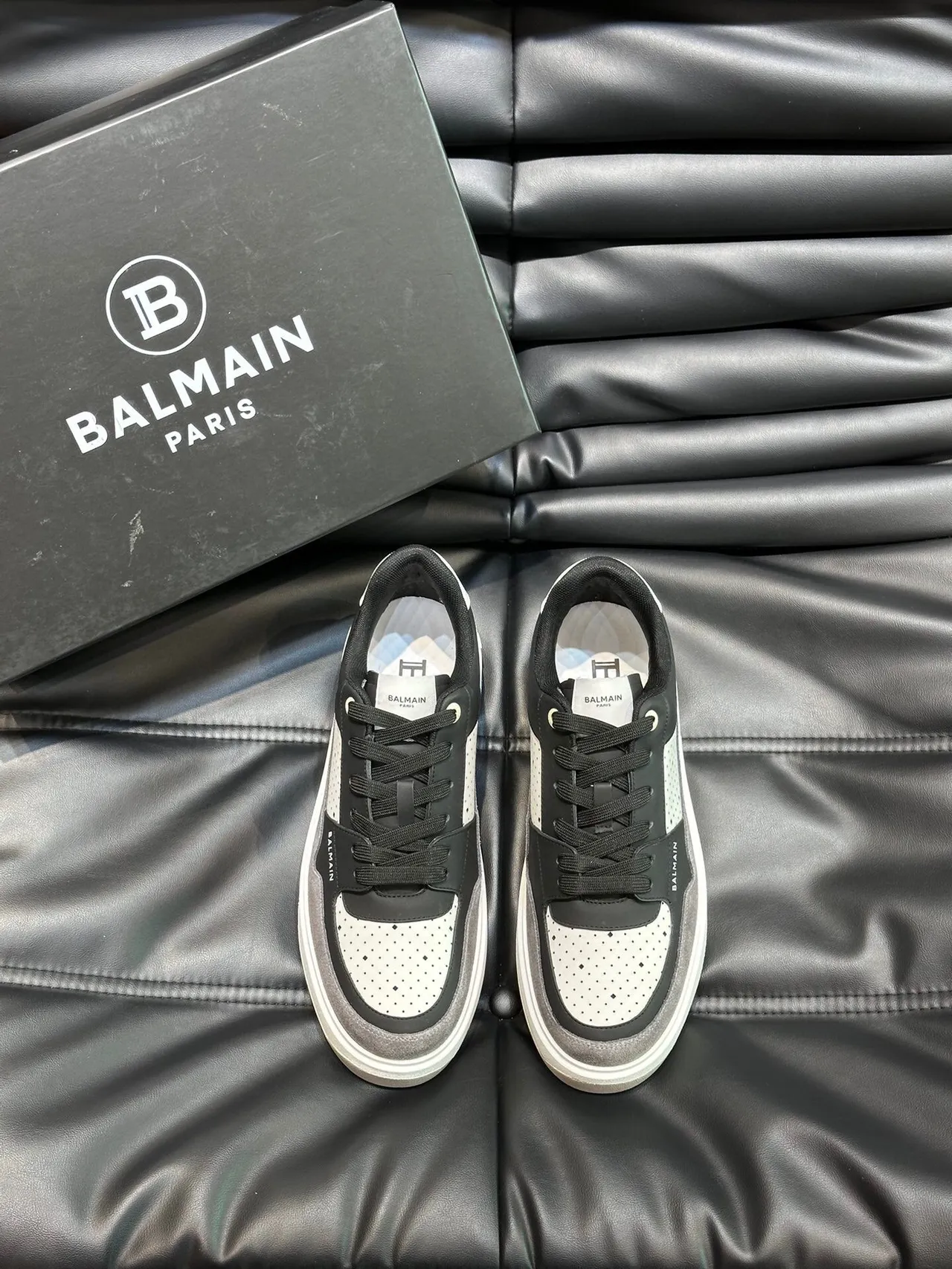 Balmain Black Gray Layered Mixed-Material Upper Perforated Leather Panels Lifestyle Sneakers 2