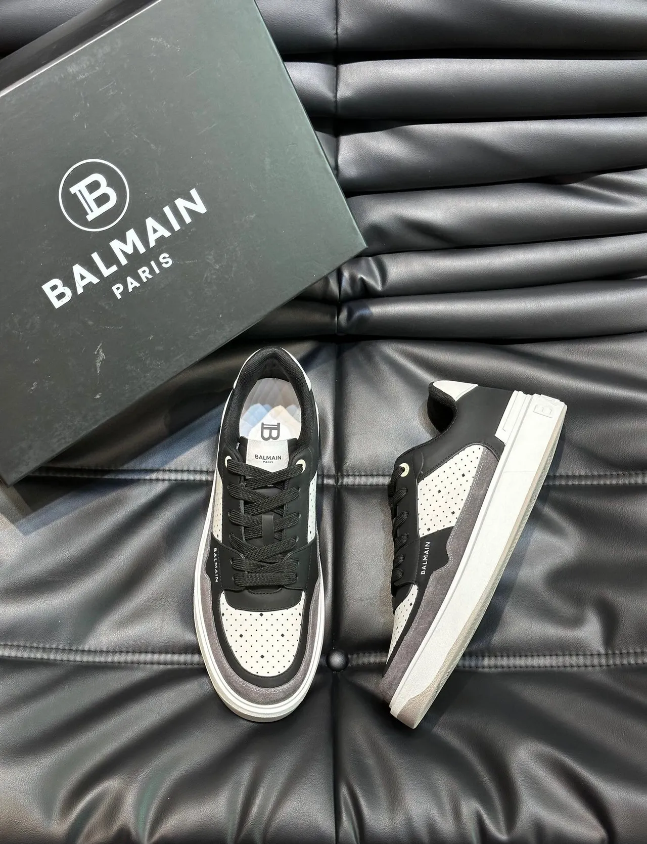 Balmain Black Gray Layered Mixed-Material Upper Perforated Leather Panels Lifestyle Sneakers 3