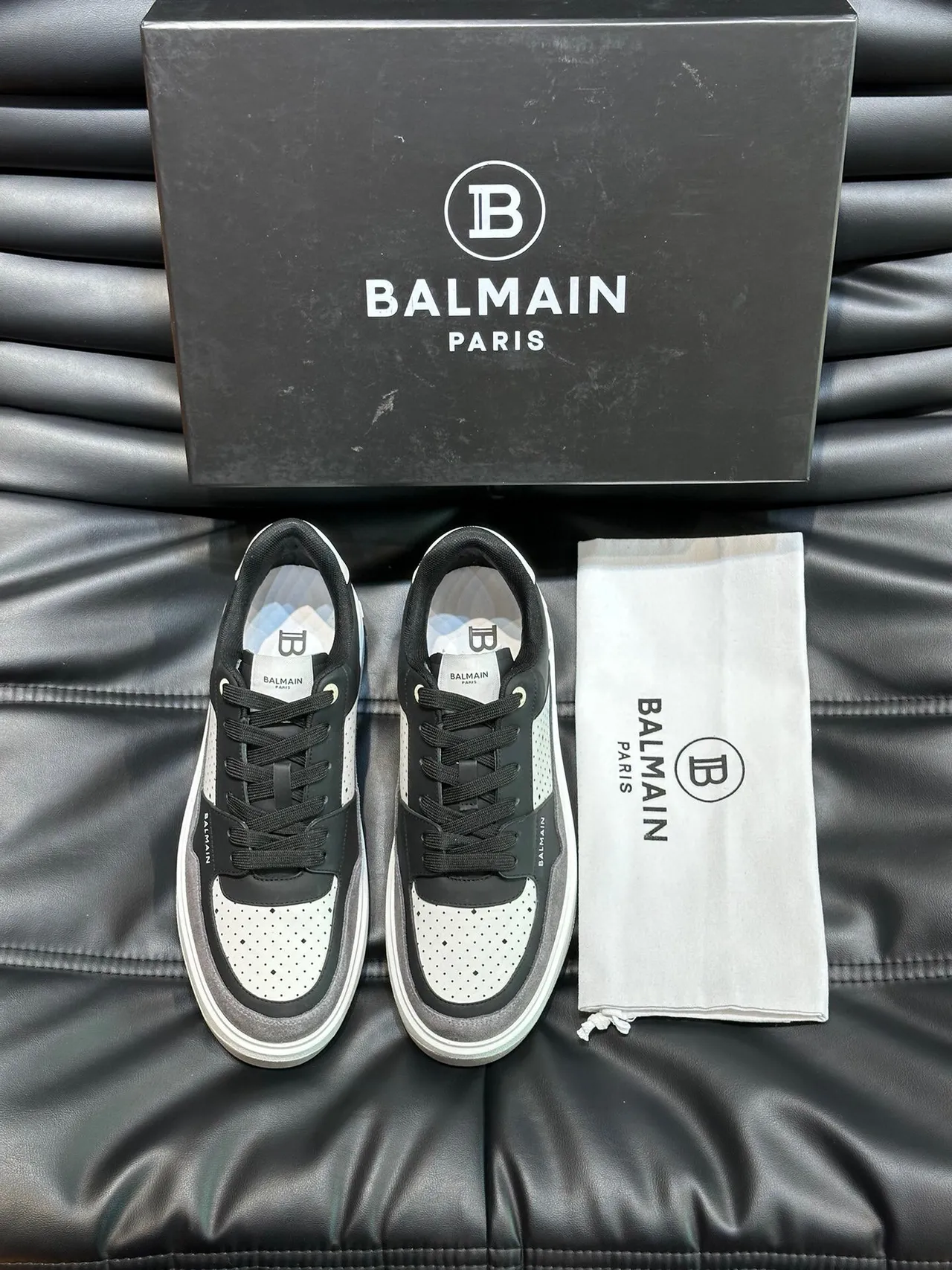 Balmain Black Gray Layered Mixed-Material Upper Perforated Leather Panels Lifestyle Sneakers 4