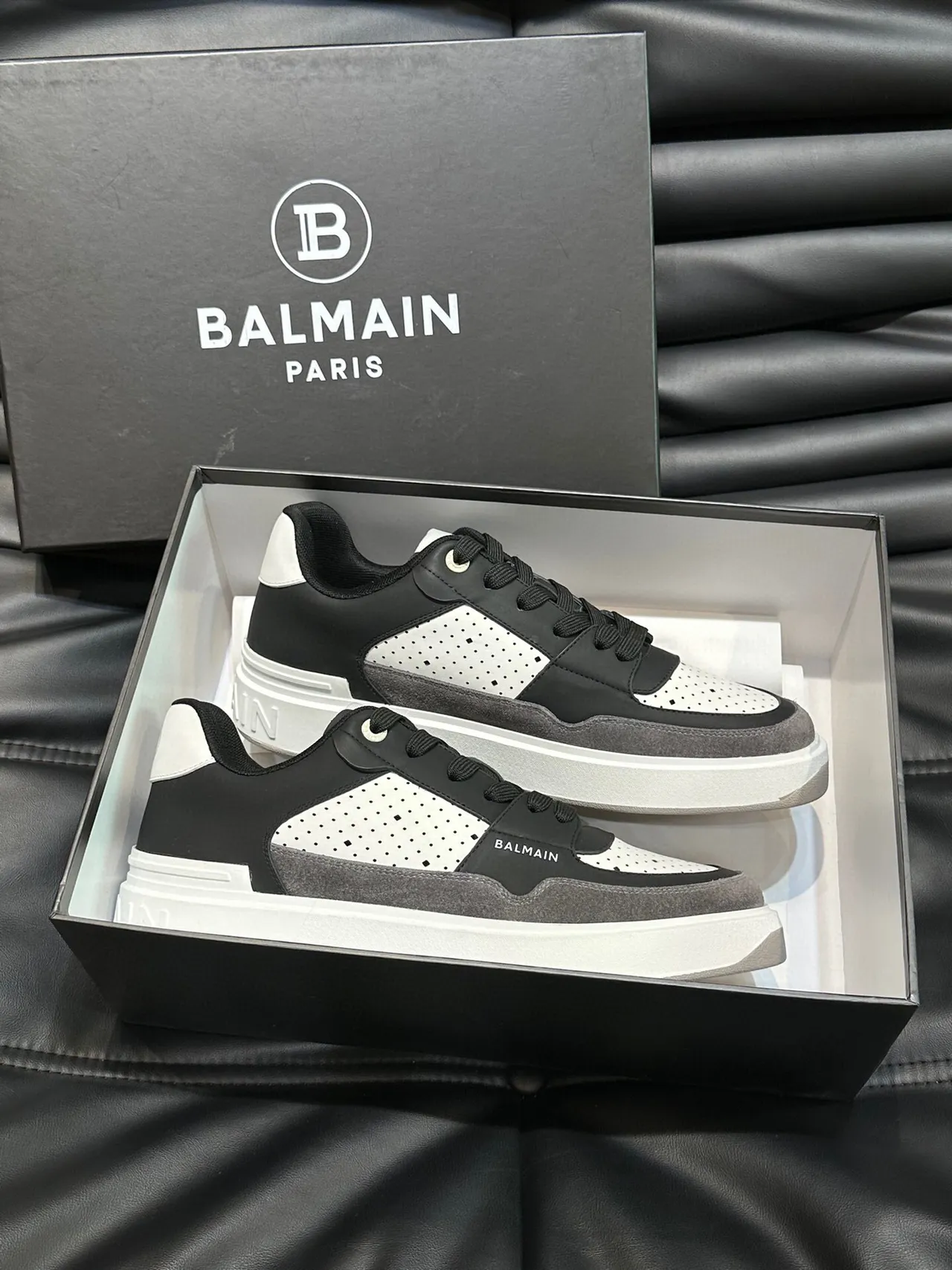 Balmain Black Gray Layered Mixed-Material Upper Perforated Leather Panels Lifestyle Sneakers 5