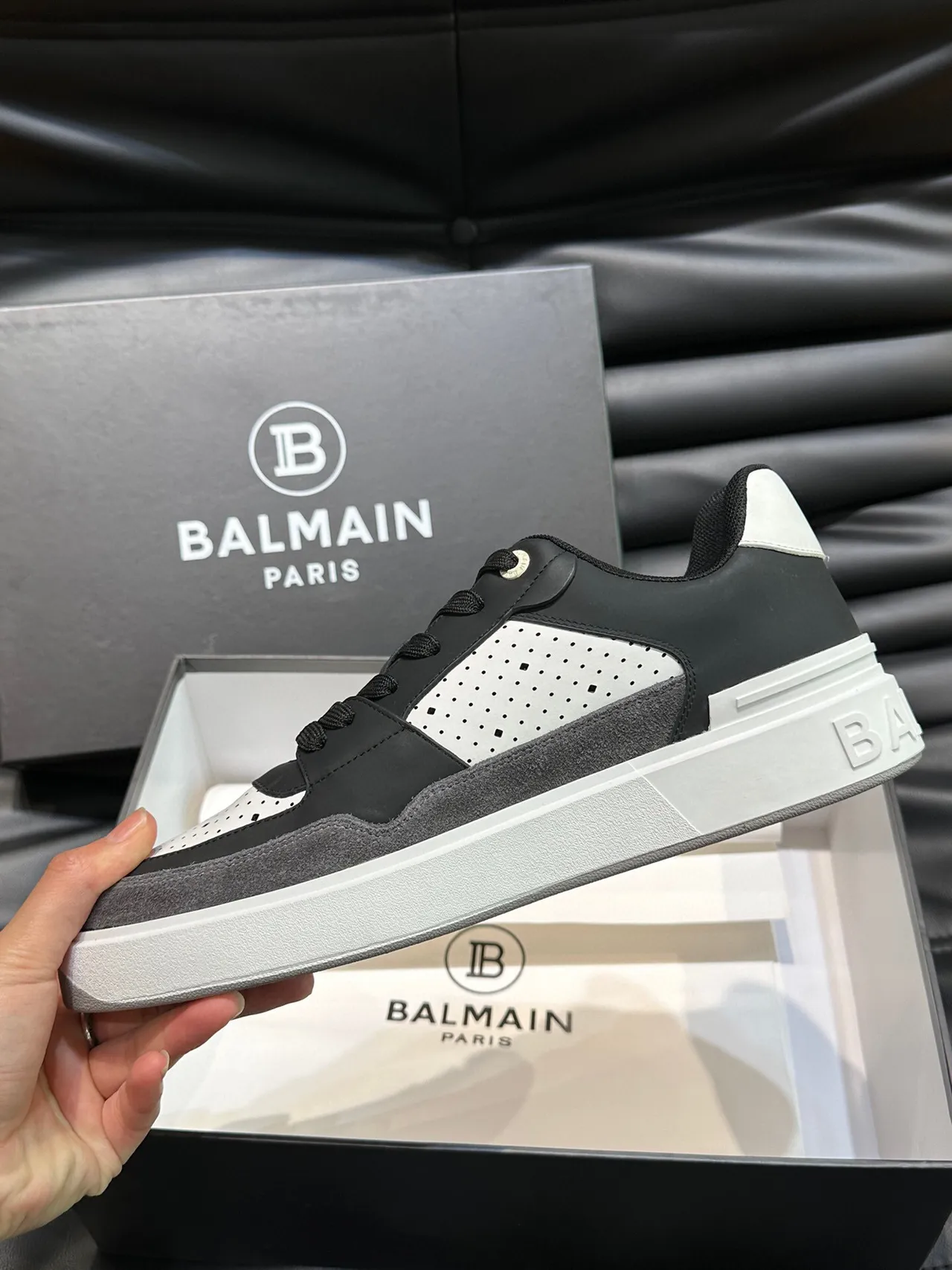 Balmain Black Gray Layered Mixed-Material Upper Perforated Leather Panels Lifestyle Sneakers 6