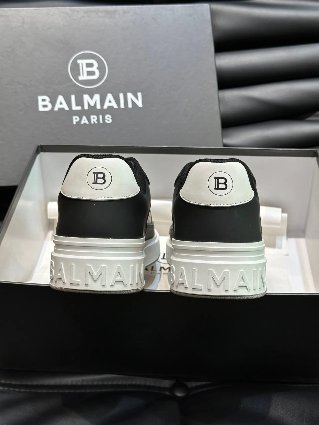Balmain Black Gray Layered Mixed-Material Upper Perforated Leather Panels Lifestyle Sneakers 7