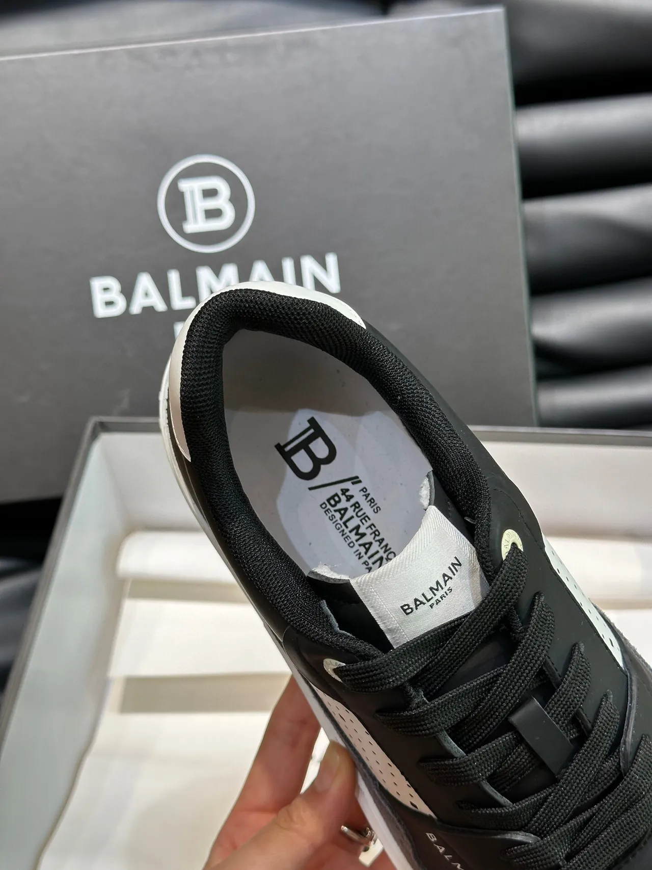 Balmain Black Gray Layered Mixed-Material Upper Perforated Leather Panels Lifestyle Sneakers 8