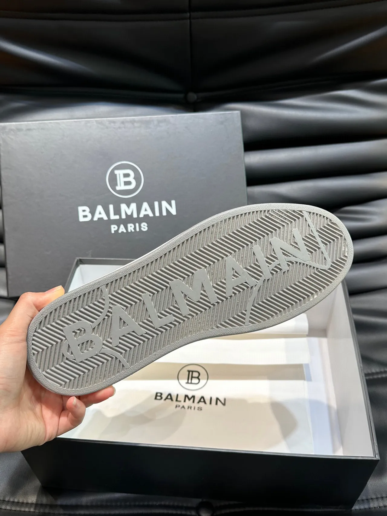 Balmain Black Gray Layered Mixed-Material Upper Perforated Leather Panels Lifestyle Sneakers 9