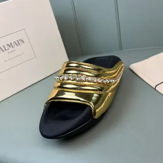 Balmain Gold Black Metallic Patent Leather Quilted Layered Strap Slippers