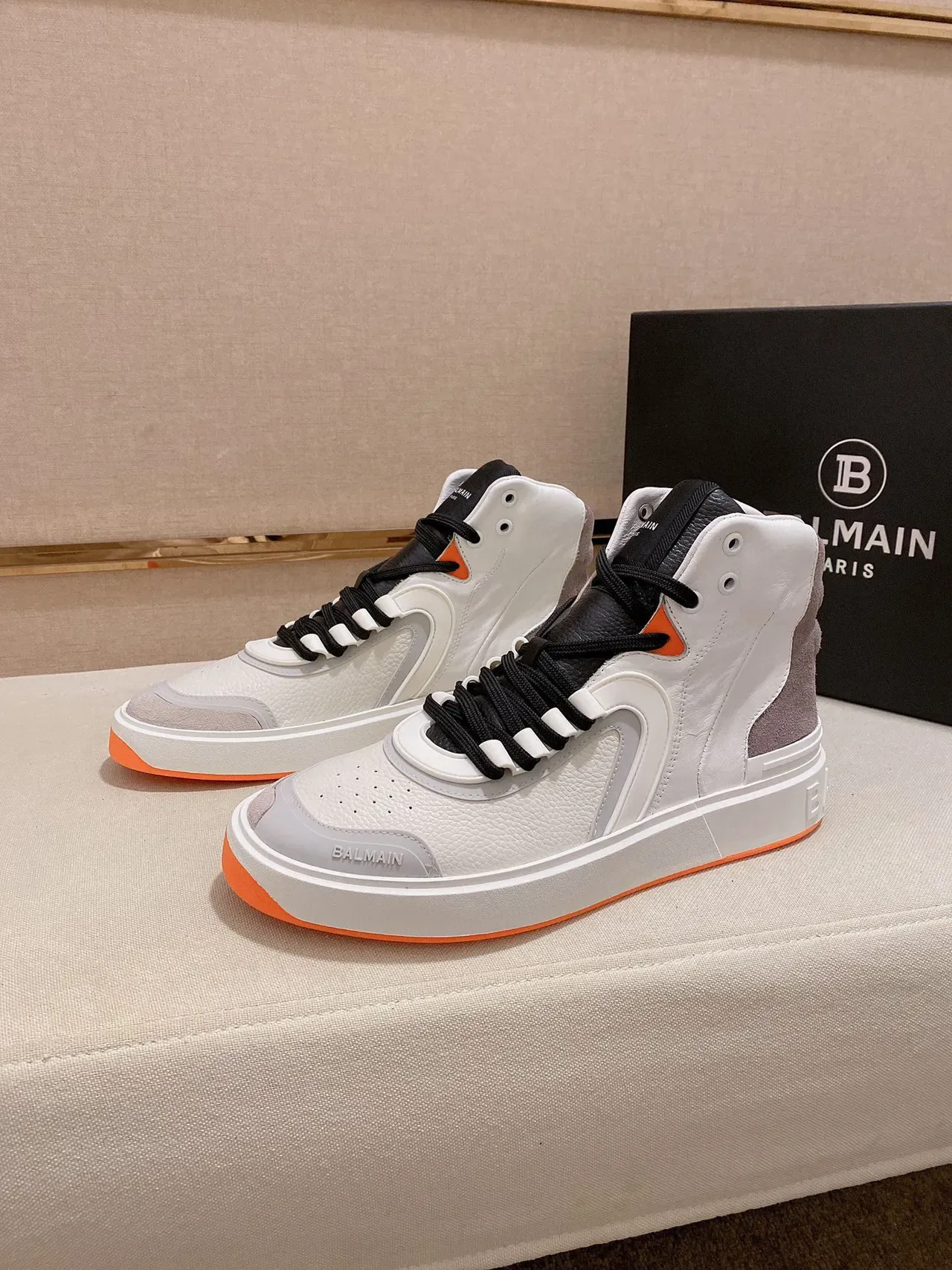 Balmain White Orange High-Top Leather-Suede Hybrid Sneakers 3