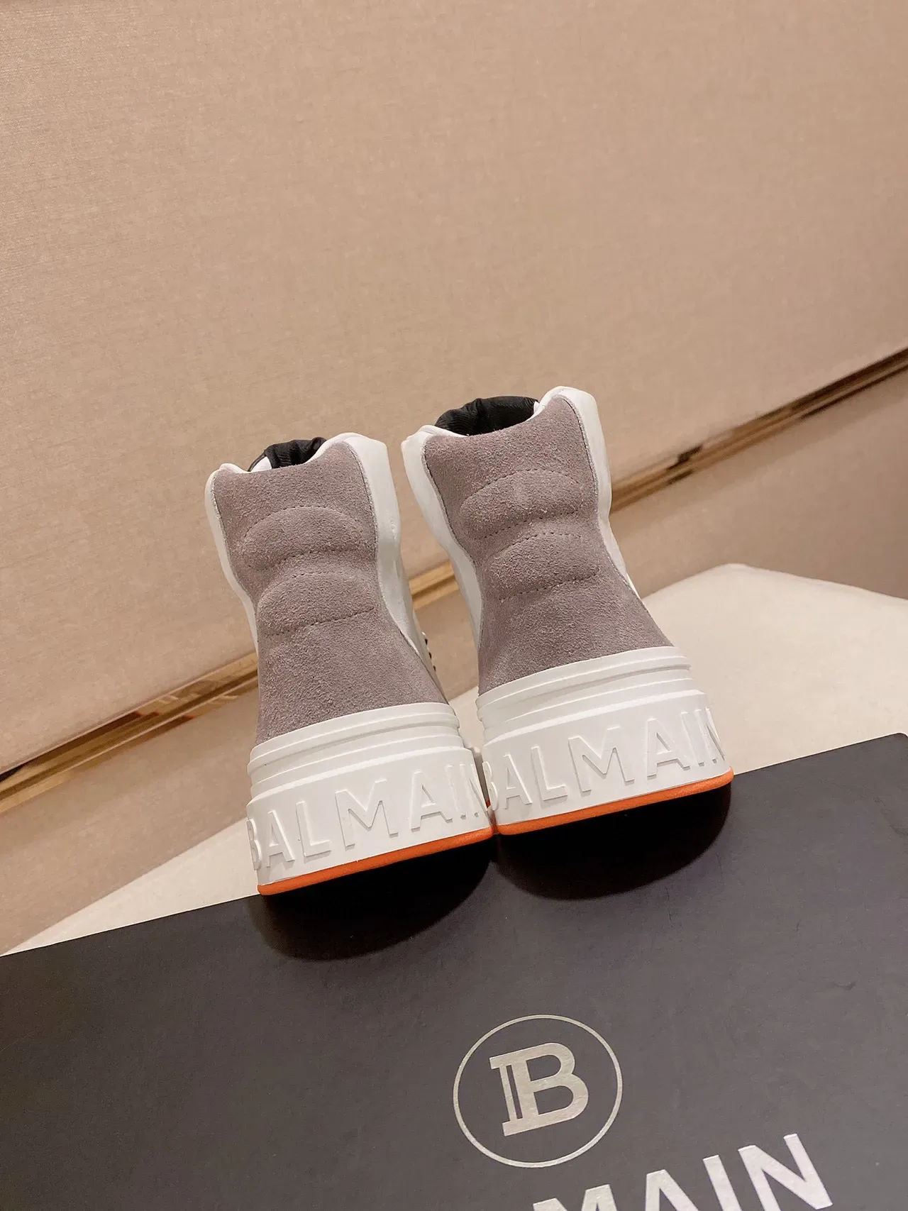 Balmain White Orange High-Top Leather-Suede Hybrid Sneakers 4