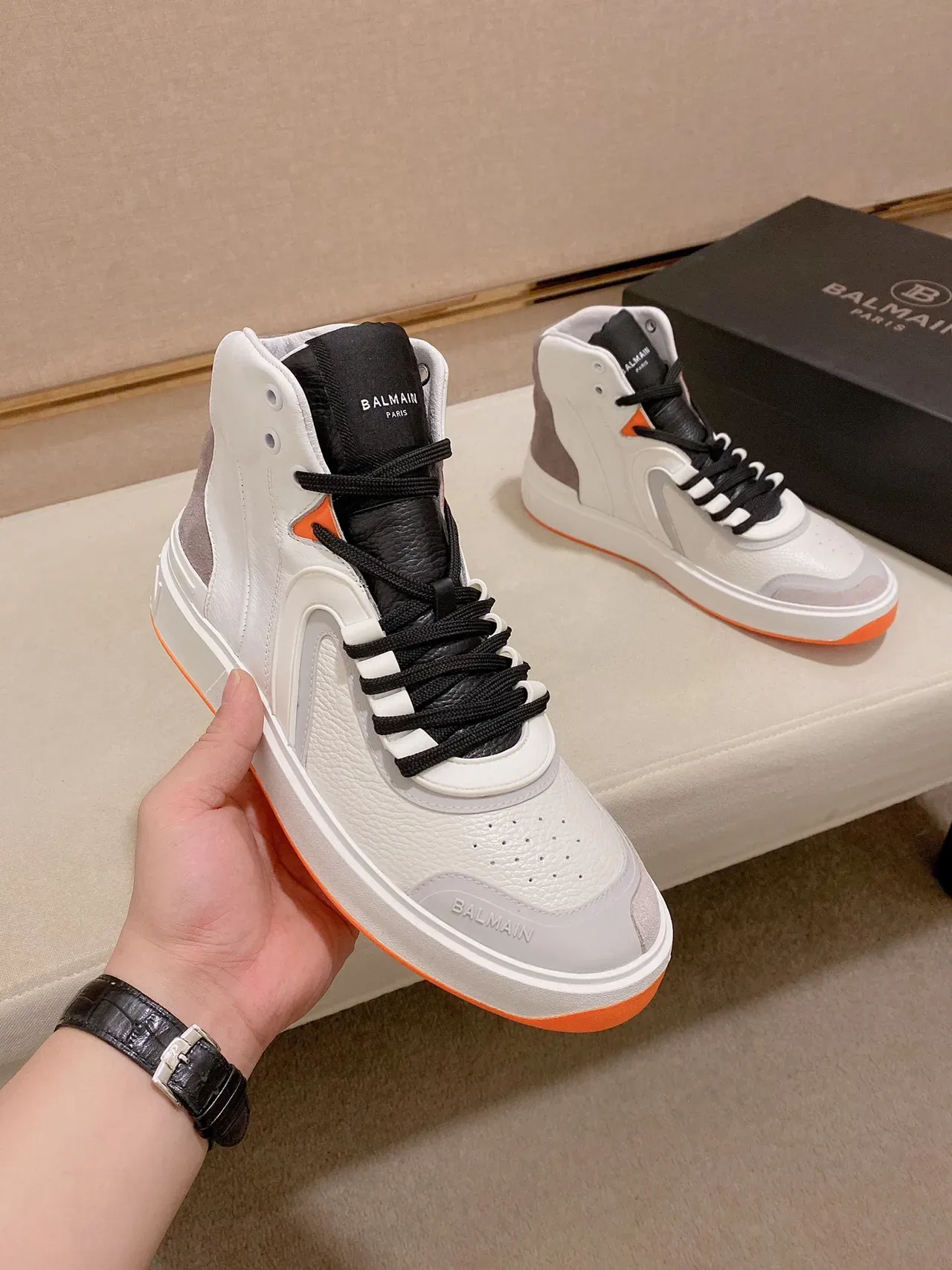 Balmain White Orange High-Top Leather-Suede Hybrid Sneakers 5