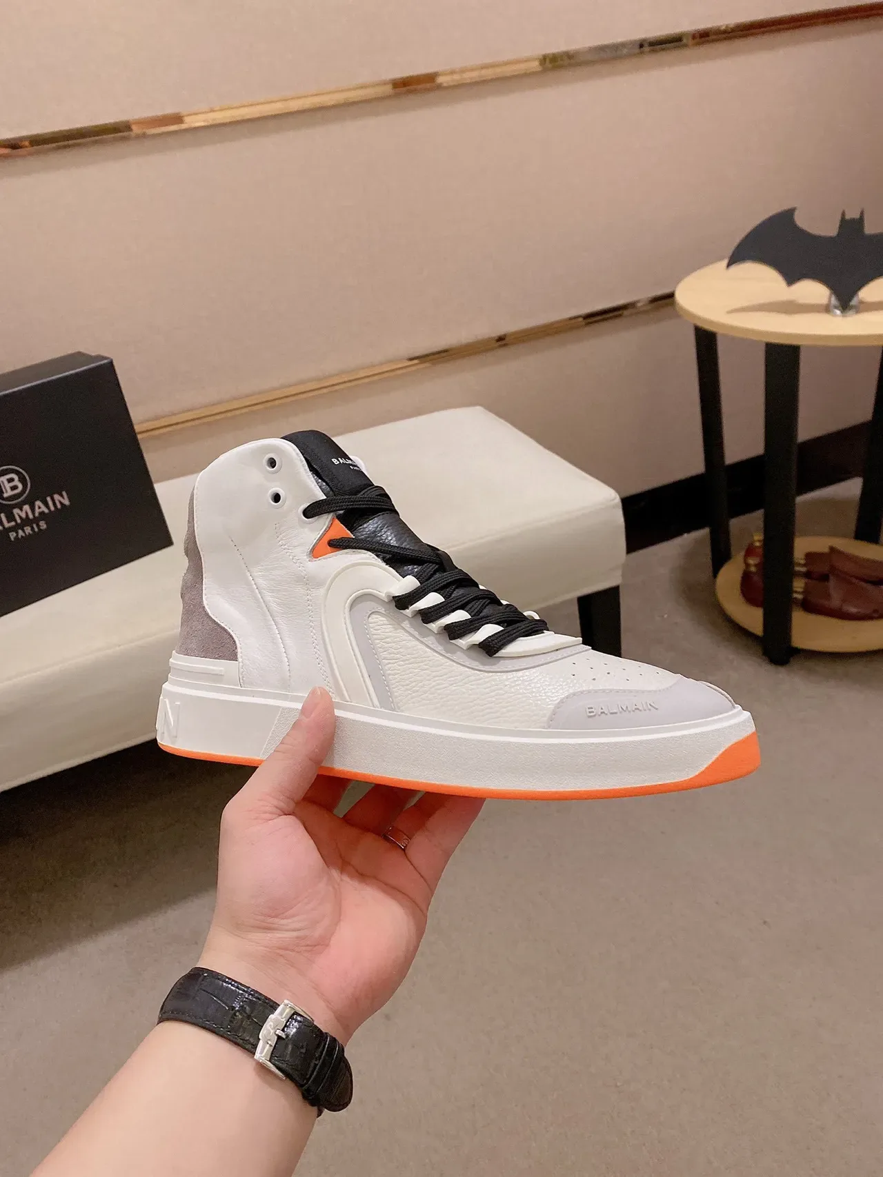 Balmain White Orange High-Top Leather-Suede Hybrid Sneakers 6